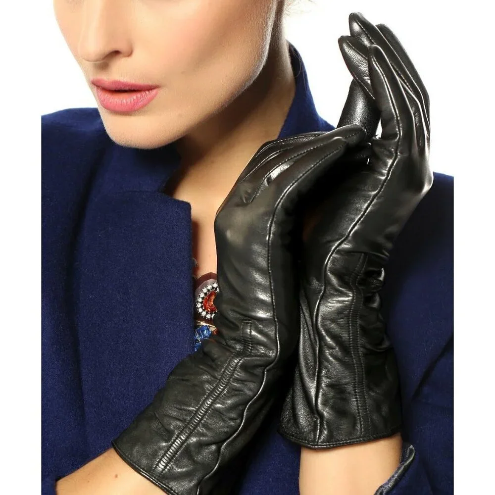 Women's Black Lambskin Leather Touchscreen Gloves Winter Lined Long Sleeve